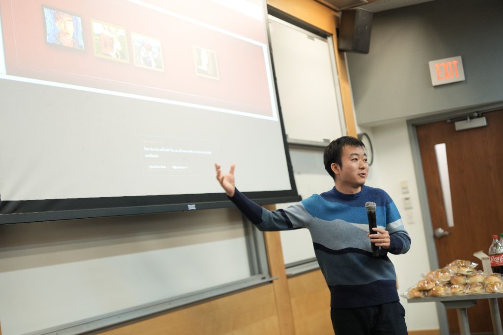 A GaGro founder speaking on stage with a microphone during a Voice of Venture session